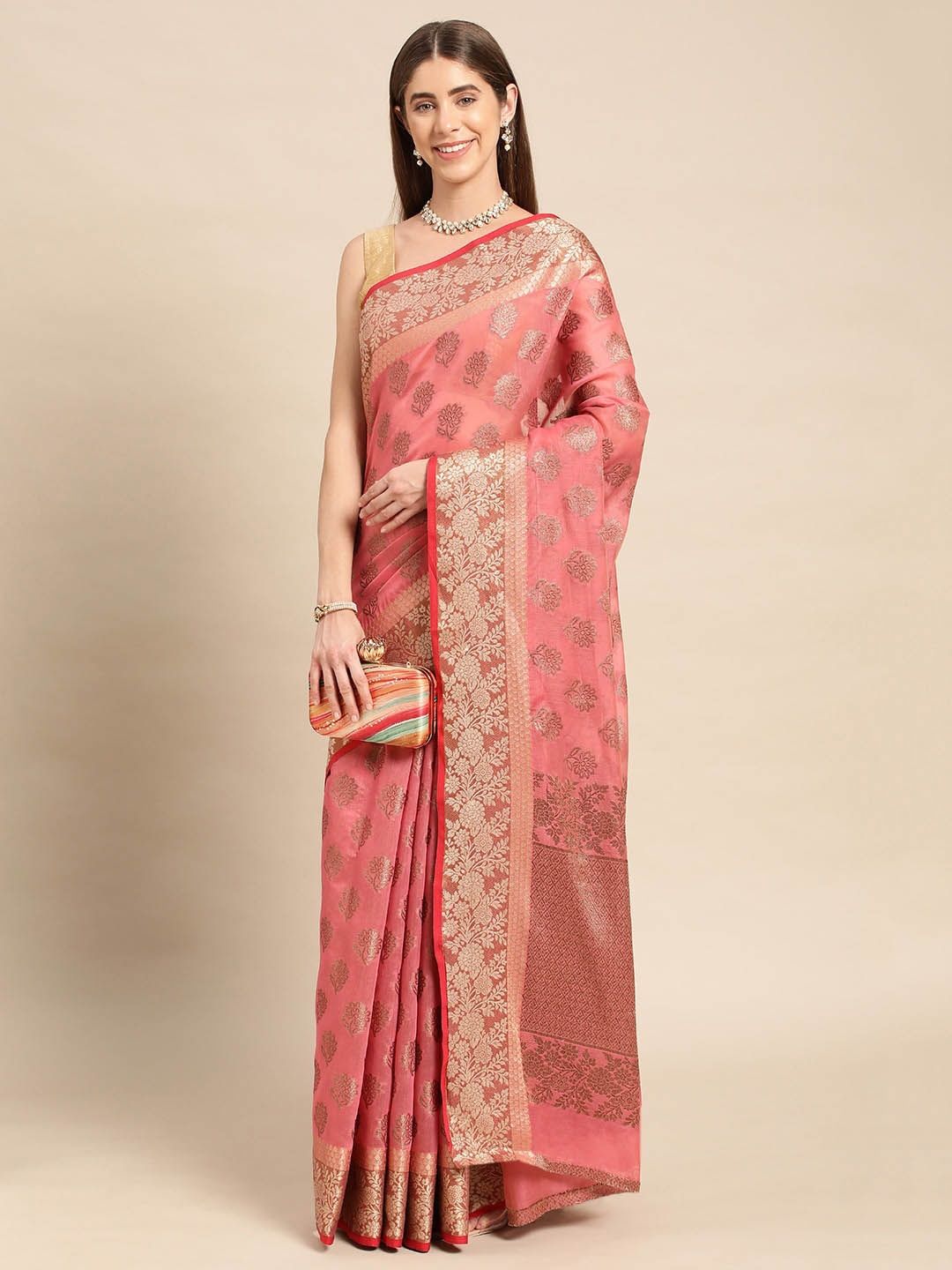 

Mitera Ethnic Motifs Woven Design Zari Pure Cotton Chanderi Saree, Pink