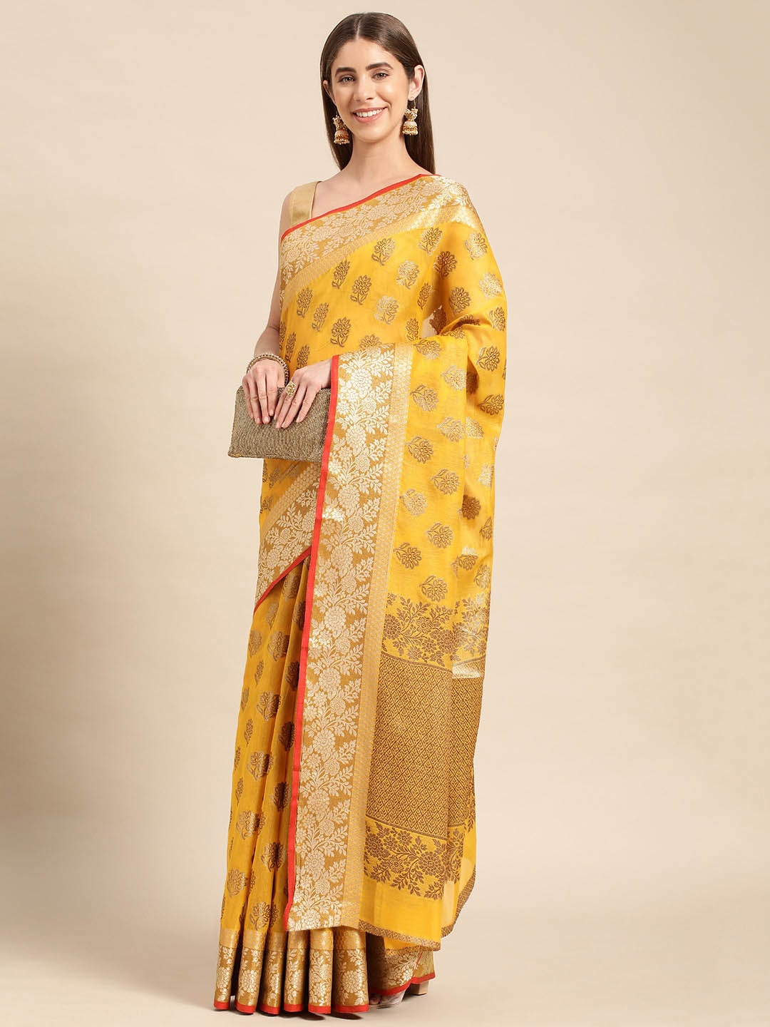 

Mitera Woven Design Zari Pure Cotton Chanderi Saree, Yellow