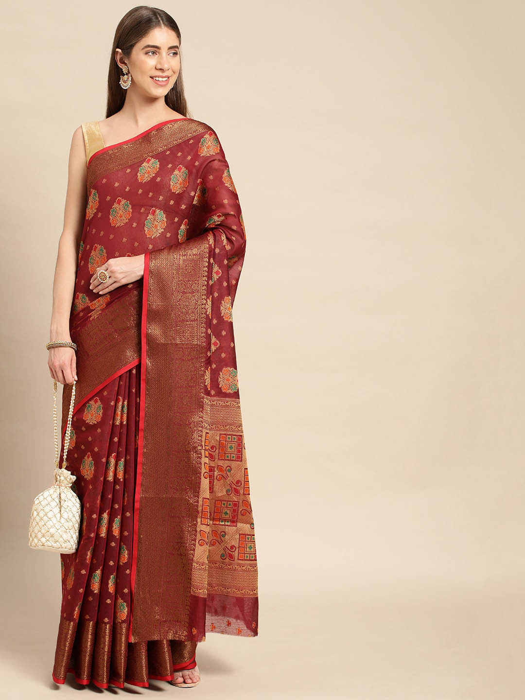 

Mitera Woven Design Zari Pure Cotton Saree, Rust