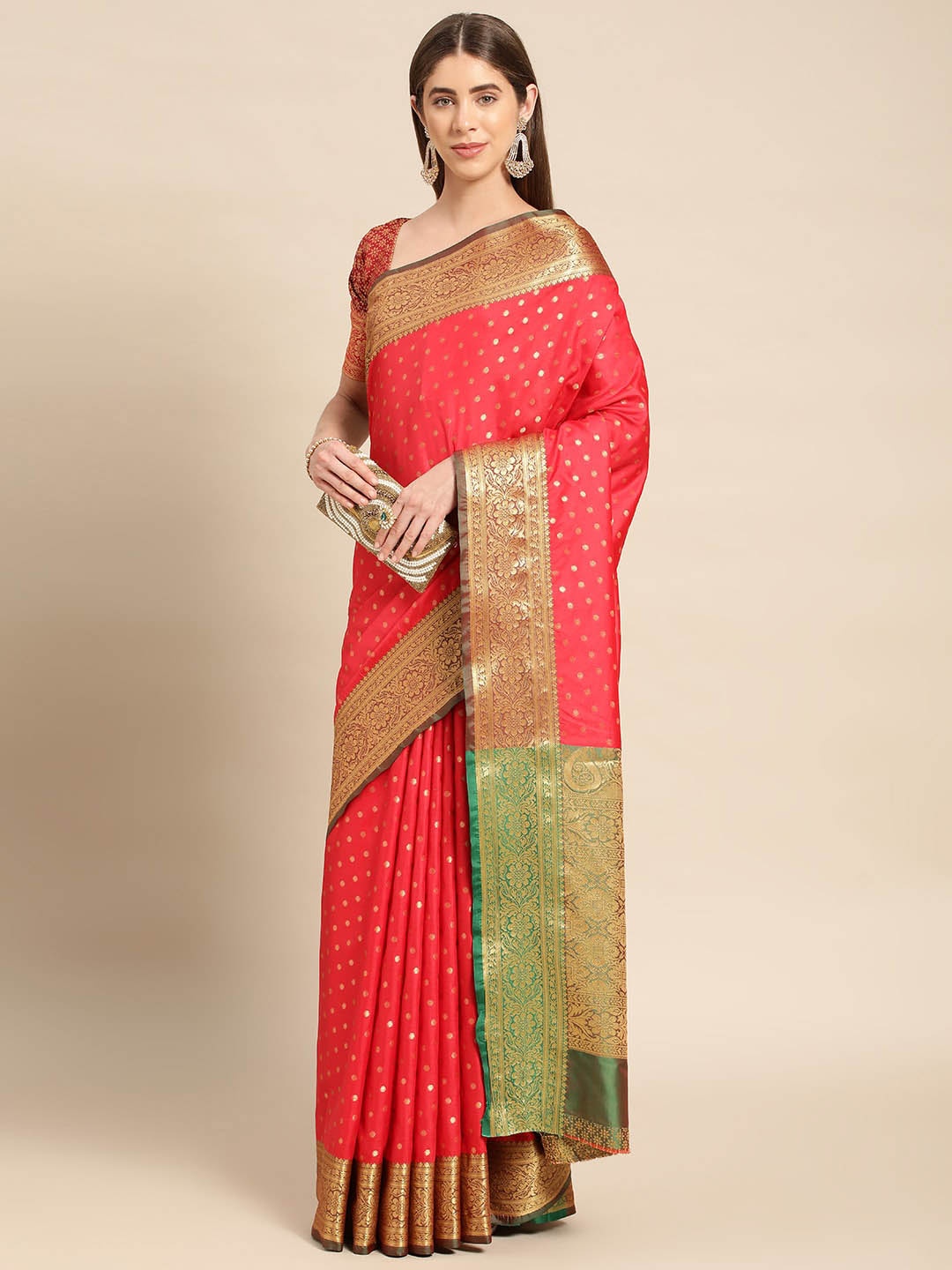 

Mitera Red Ethnic Motifs Woven Design Zari Banarasi Saree