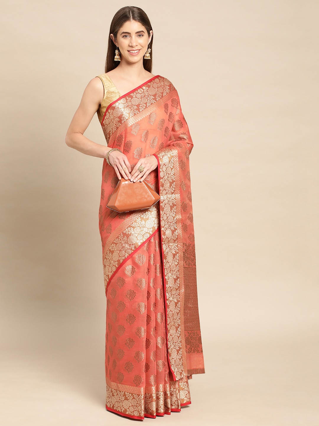 

Mitera Woven Design Zari Pure Cotton Chanderi Saree, Peach