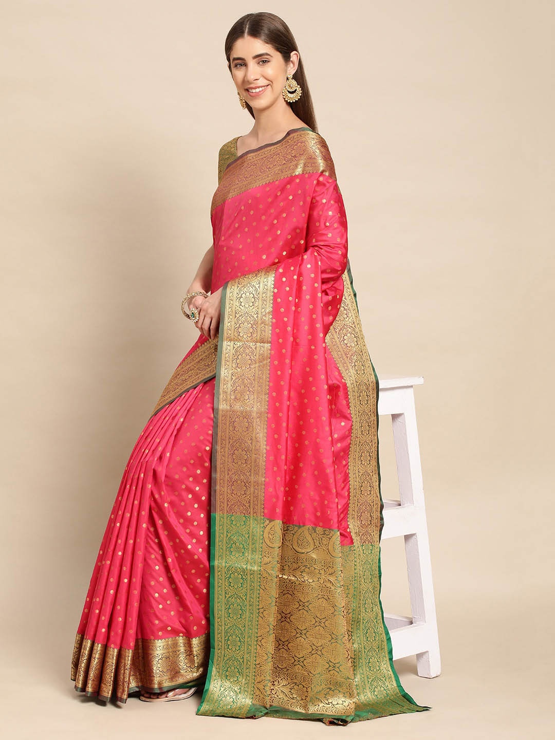 

Mitera Pink Ethnic Motifs Woven Design Zari Banarasi Saree