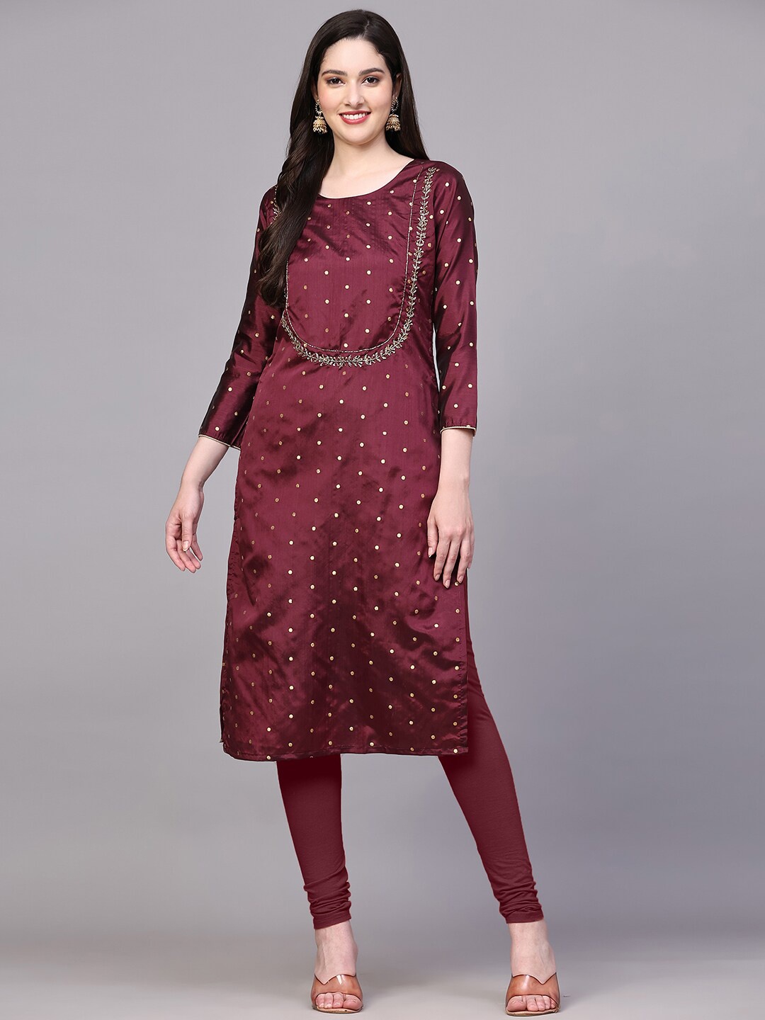 

BLACK SCISSOR Woven Design Sequins Detail Straight Silk Kurta, Burgundy