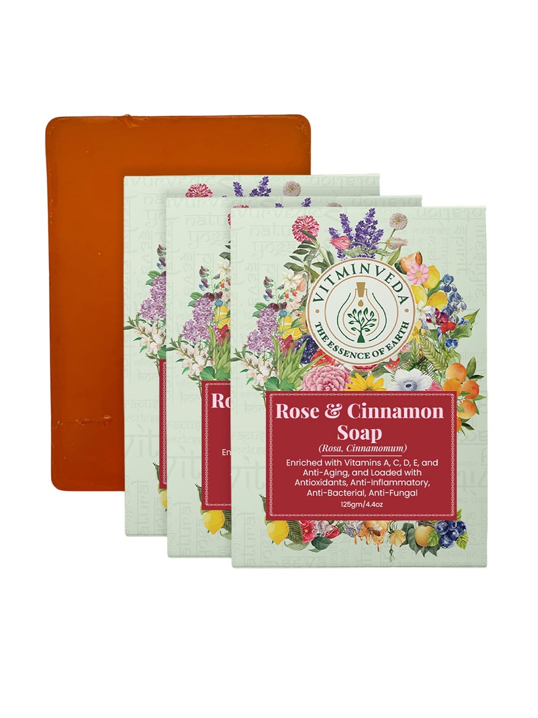 

VITMINVEDA Set Of 3 Natural Rose & Cinnamon Herbal Soap Bar - 125g Each, Red