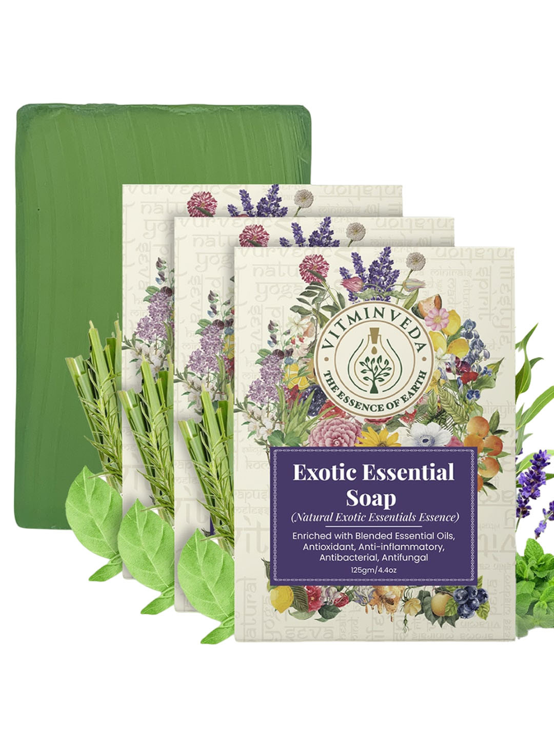 

VITMINVEDA Set Of 3 Natural Exotic Essential Herbal Soap Bar - 125g Each, Blue