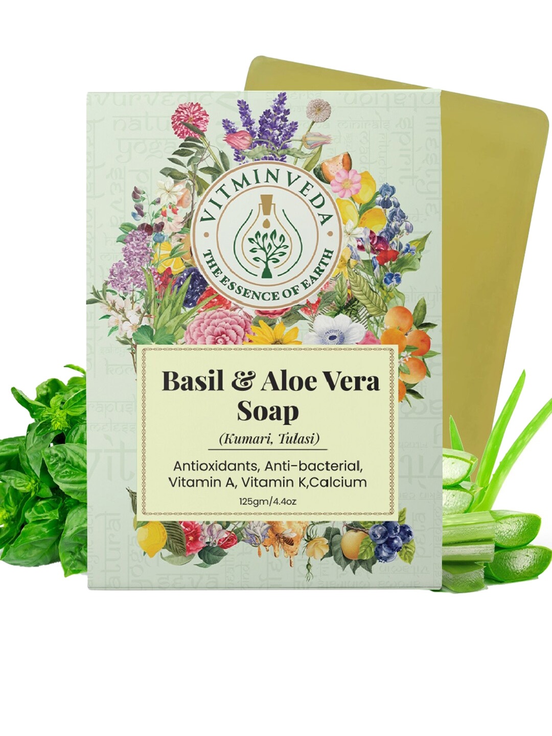 

VITMINVEDA Natural Basil & Aloe Vera Herbal Soap Bar - 125g, Green