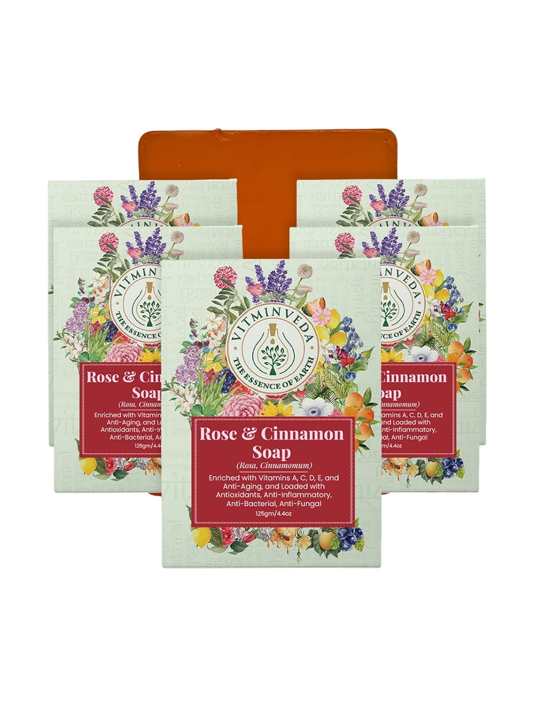 

VITMINVEDA Set of 5 Rose & Cinnamon Natural & Herbal Soap Bar - 125 g each, Red