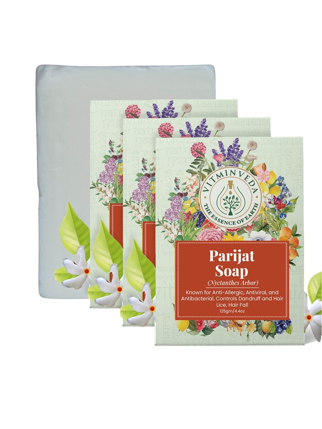 

VITMINVEDA Set Of 3 Natural Parijat Herbal Soap Bar - 125g Each, White