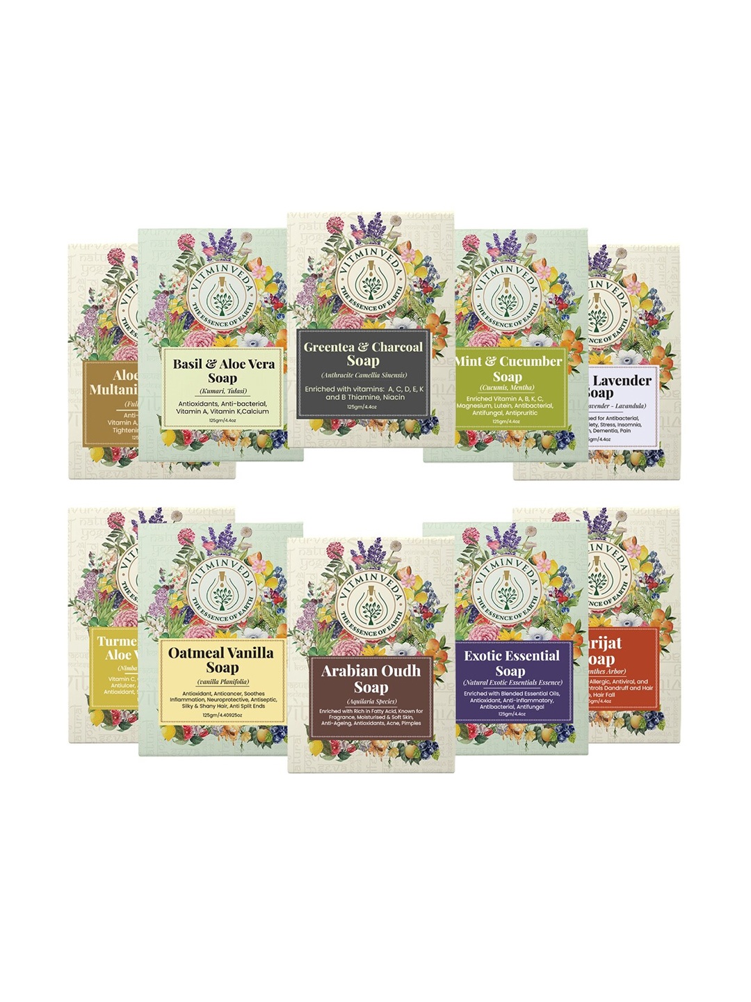 

VITMINVEDA Set Of 10 Natural Herbal Soap Bar - 125g Each, Multi