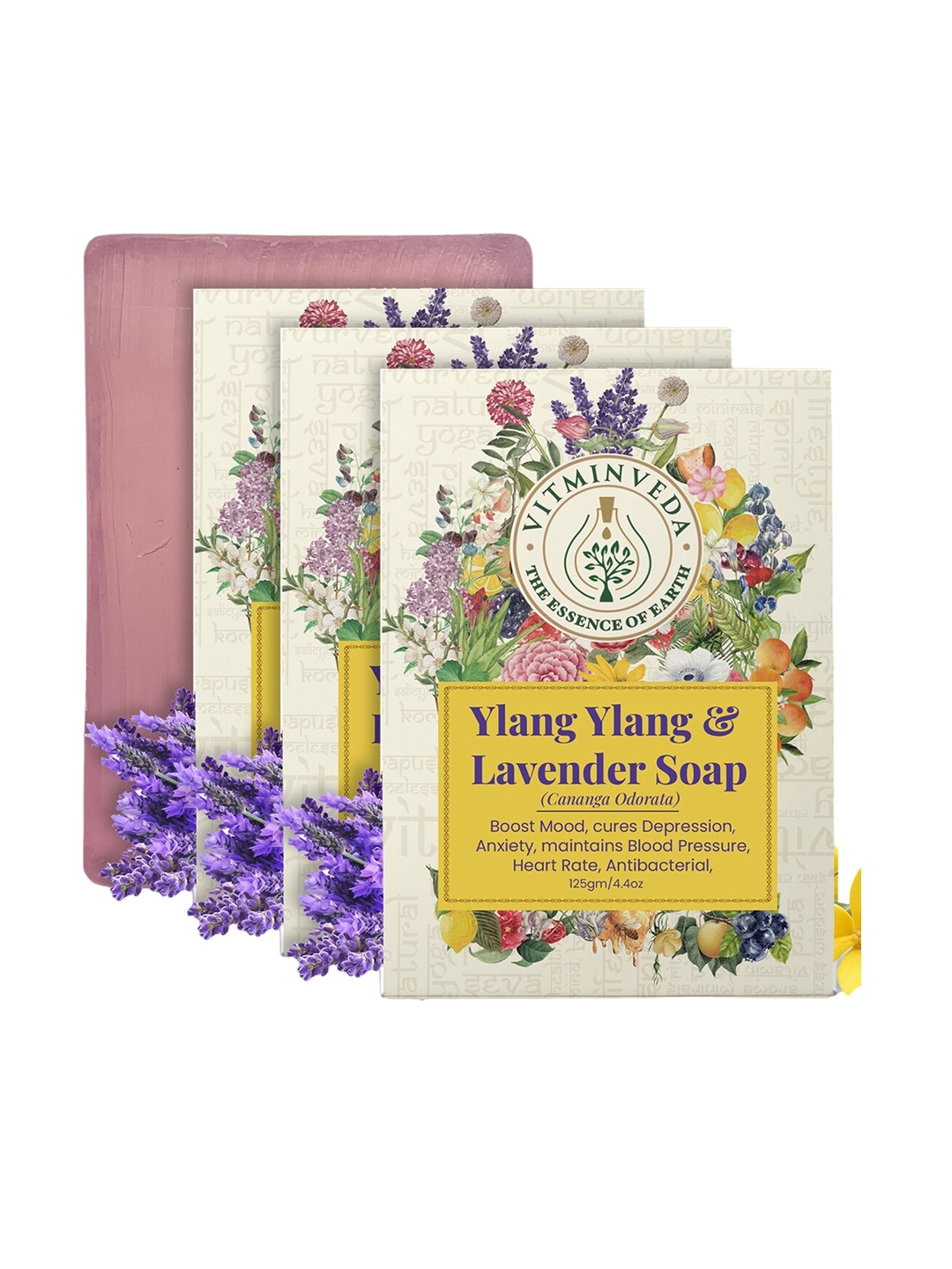 

VITMINVEDA Set Of 3 Natural Ylang Ylang & Lavender Herbal Soap Bar - 125g Each, Yellow