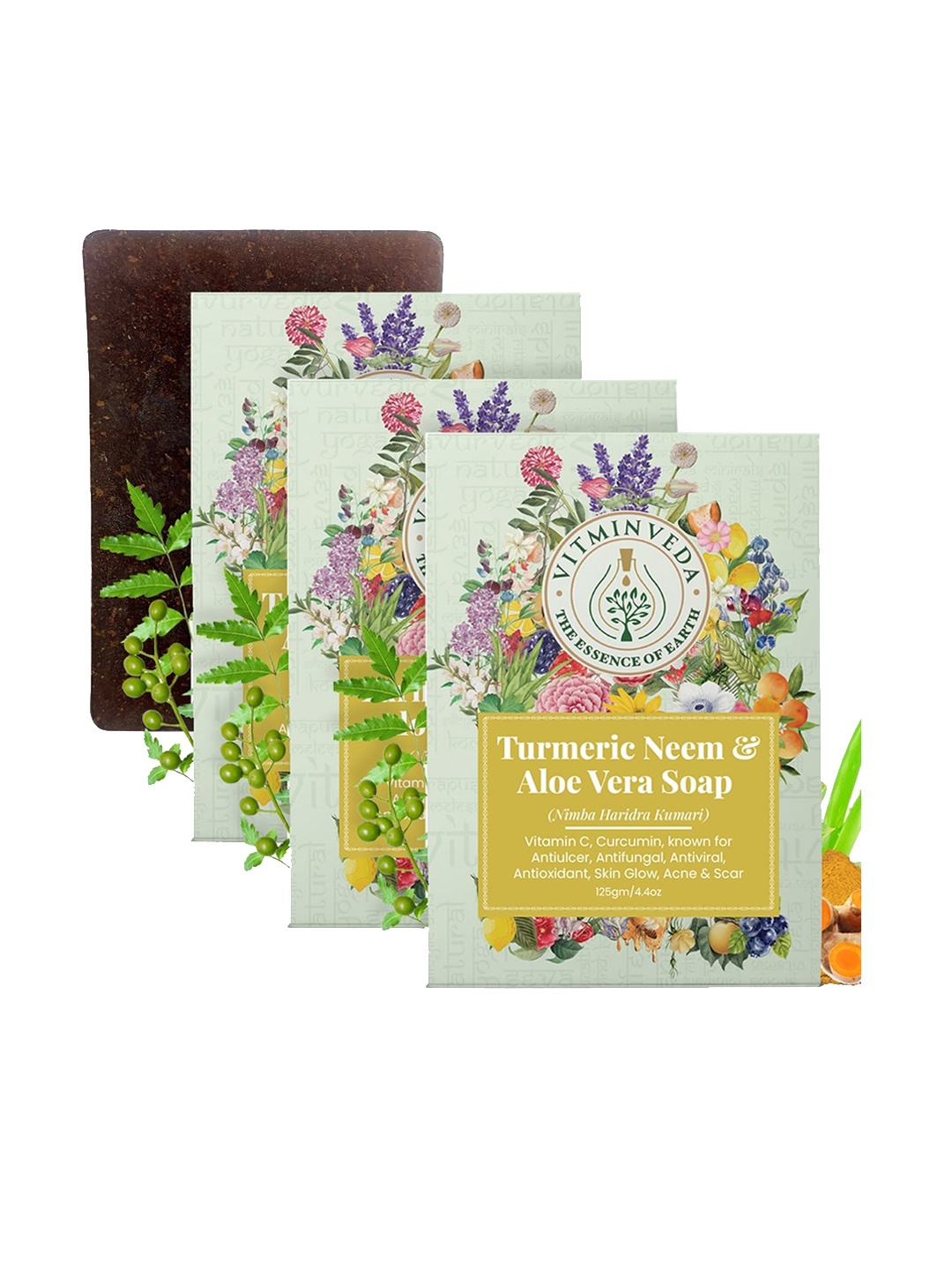 

VITMINVEDA Set Of 3 Natural Turmeric Neem & Aloe Vera Herbal Soap Bar - 125g Each, Green