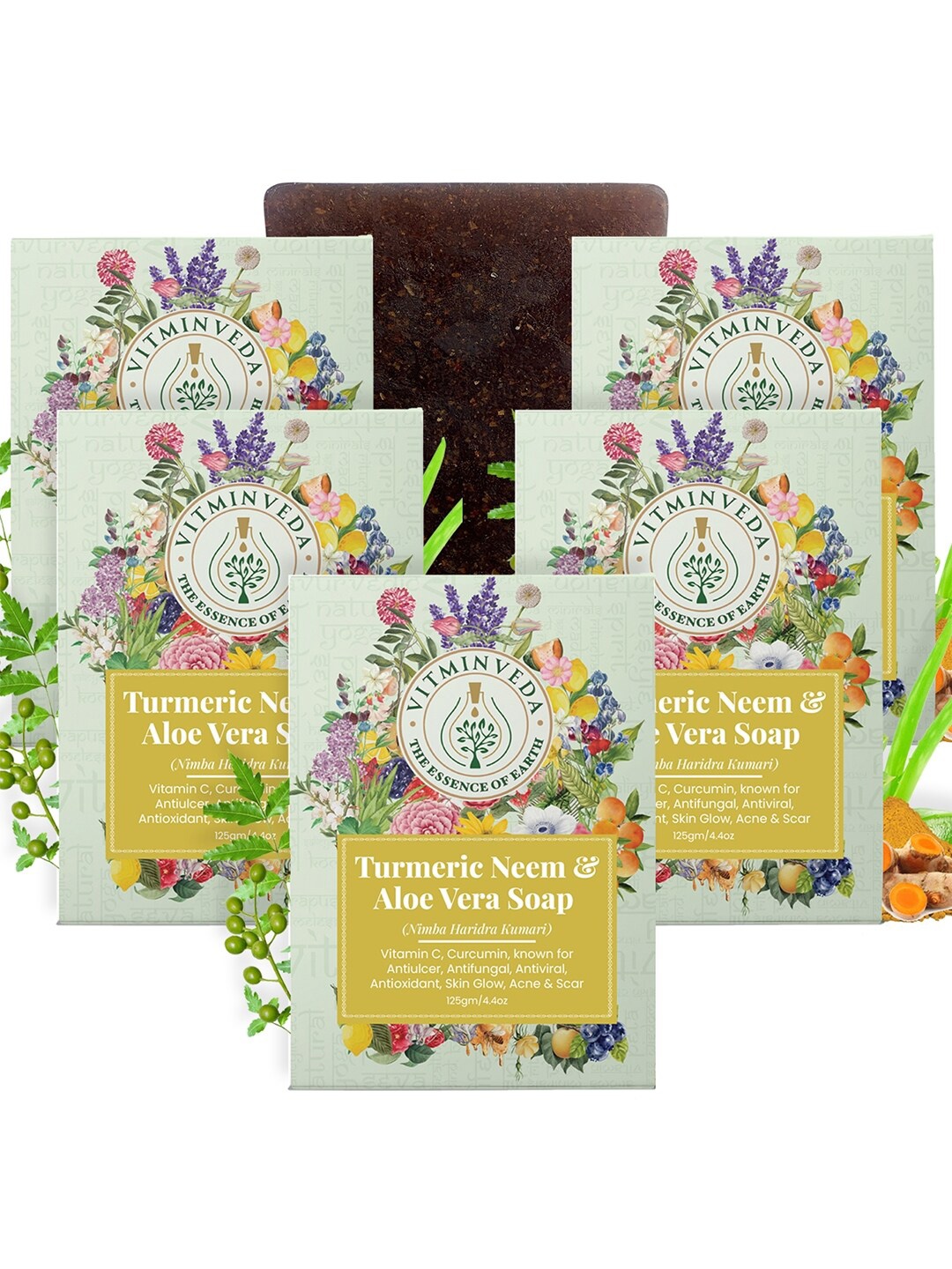 

VITMINVEDA Set Of 5 Natural Turmeric Neem & Aloe Vera Soap - 125g Each, Green