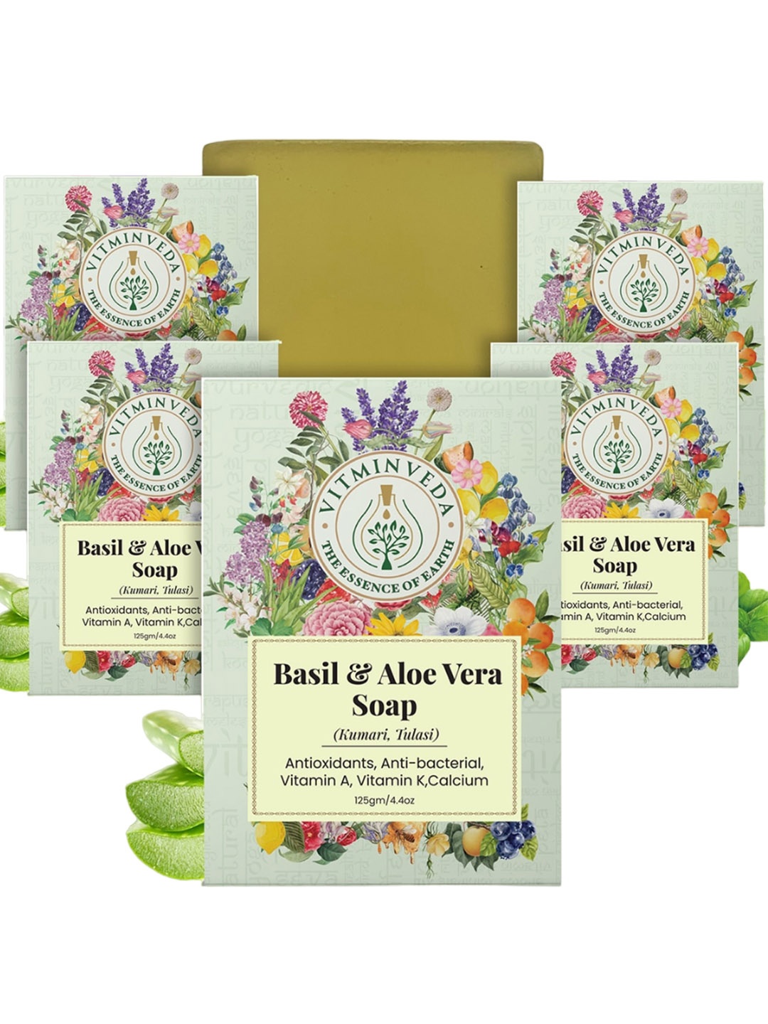 

VITMINVEDA Set Of 5 Natural Basil & Aloe Vera Soap - 125g Each, Green