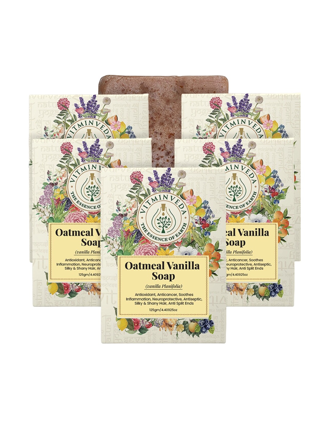 

VITMINVEDA Set Of 5 Natural Oatmeal Vanilla Soap - 125g Each, Brown