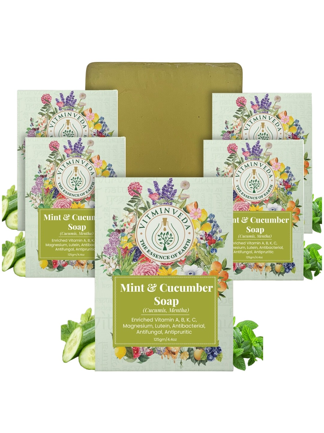 

VITMINVEDA Set Of 5 Natural Mint & Cucumber Soap - 125g Each, Green