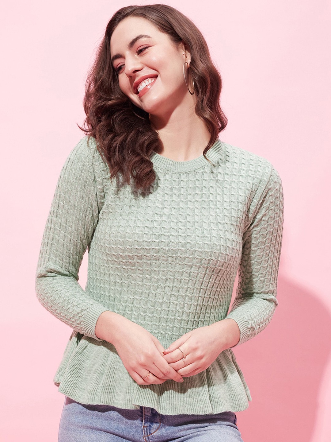 

Modeve Cable Knit Self Design Fringed Pullover, Green