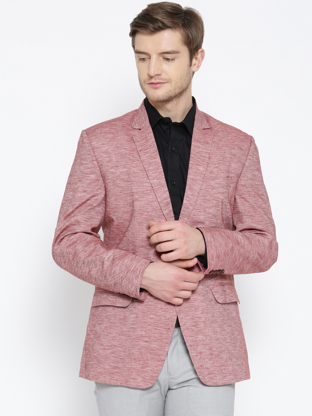 

Shaftesbury London Maroon & White Self-Design Regular Fit Single-Breasted Blazer