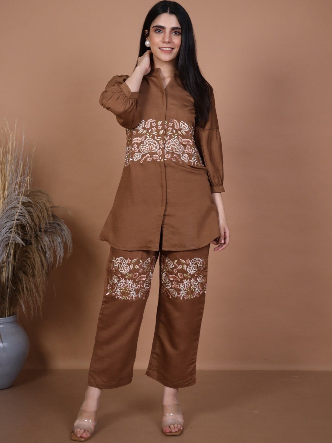 

AUTUMN LANE Embroidered Top With Trouser Co-Ords, Brown