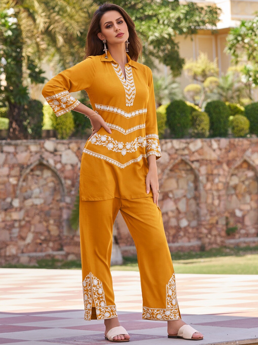 

AUTUMN LANE Embroidered Top With Trousers Co-Ords, Yellow