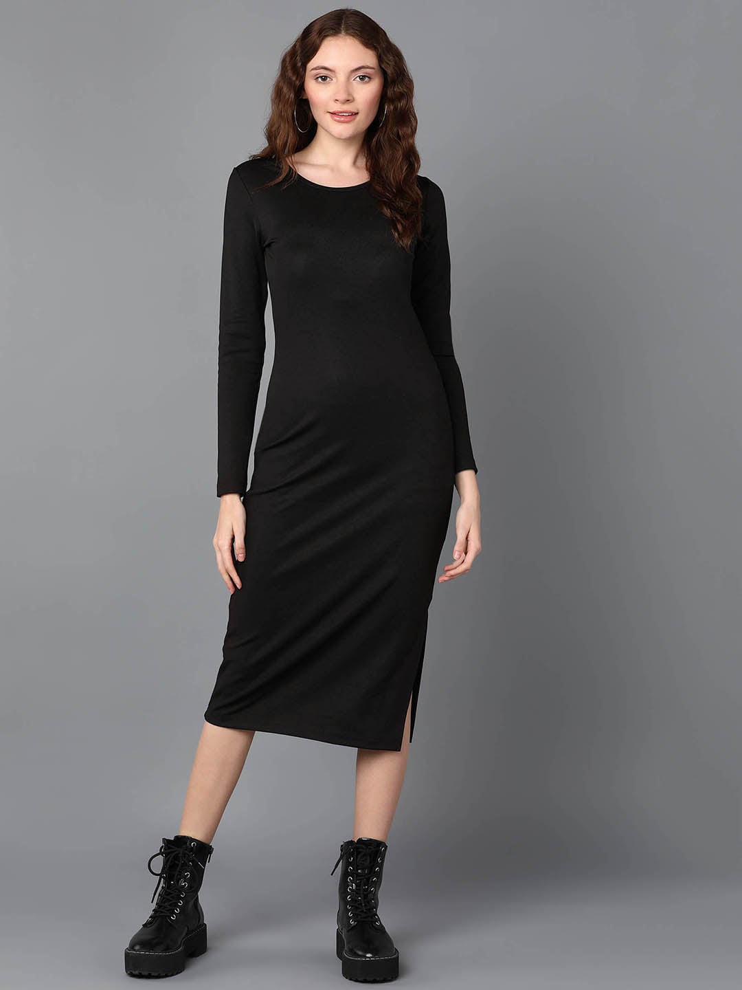 

Roadster Round Neck Bodycon Midi Dress, Black