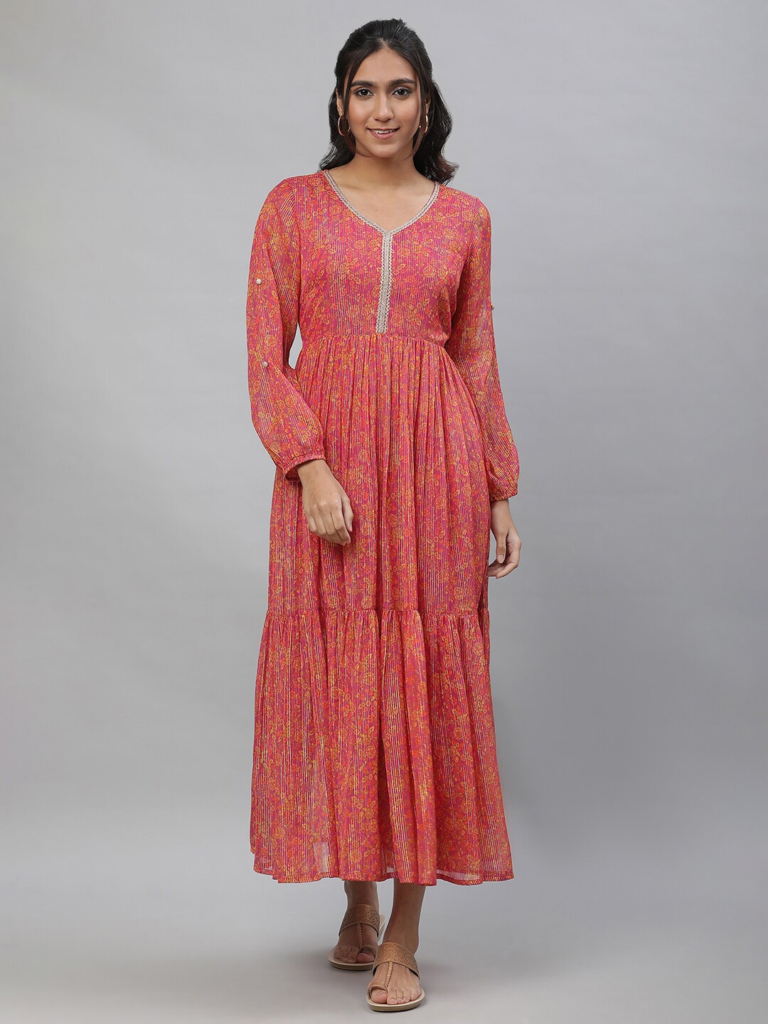 

AURELIA Floral Printed Georgette Fit & Flare Tiered Maxi Ethnic Dress, Purple