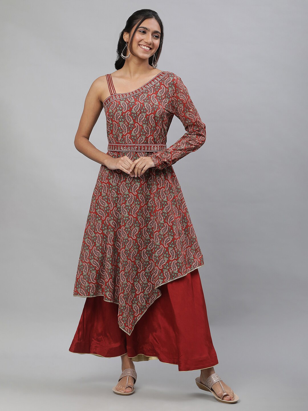AURELIA Ethnic Motifs Printed Layered Detail Georgette Maxi Dress, Brown