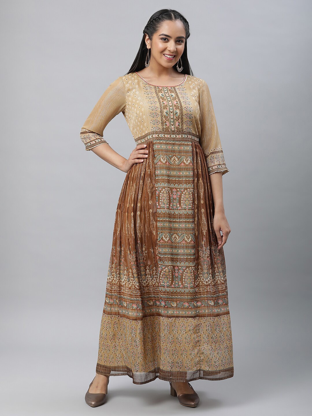 

AURELIA Ethnic Motifs Printed Gathered Detail Georgette Maxi Dress, Brown