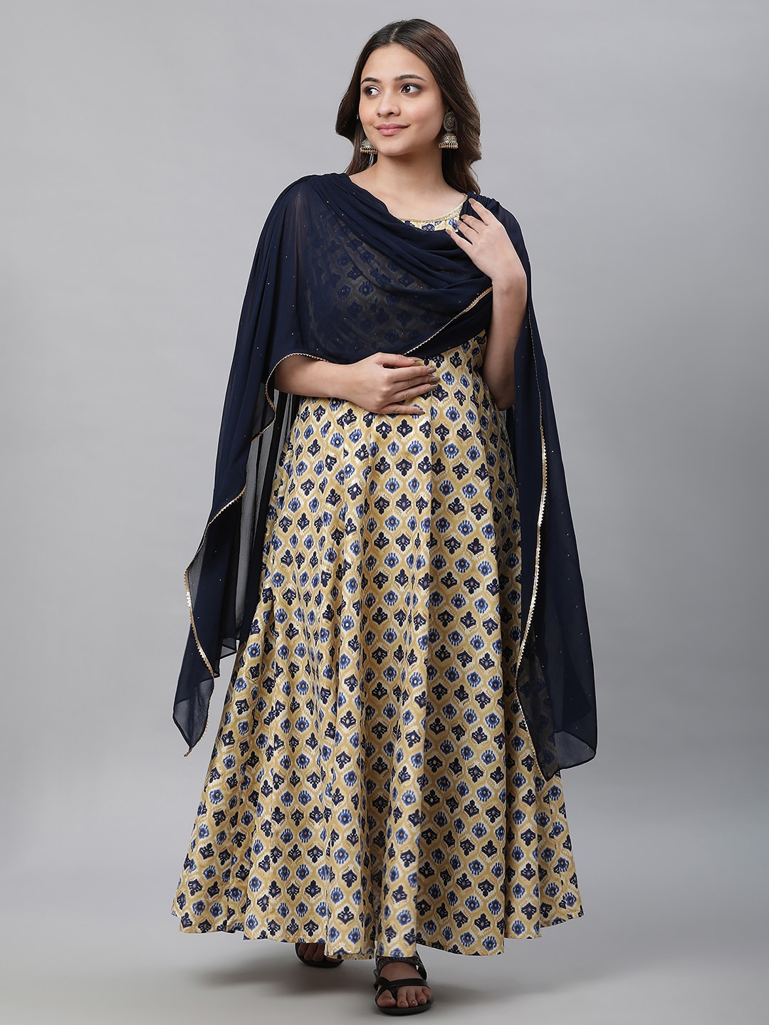 

AURELIA Ethnic Motifs Printed A-line Maxi Ethnic Dress With Attached Dupatta, Beige