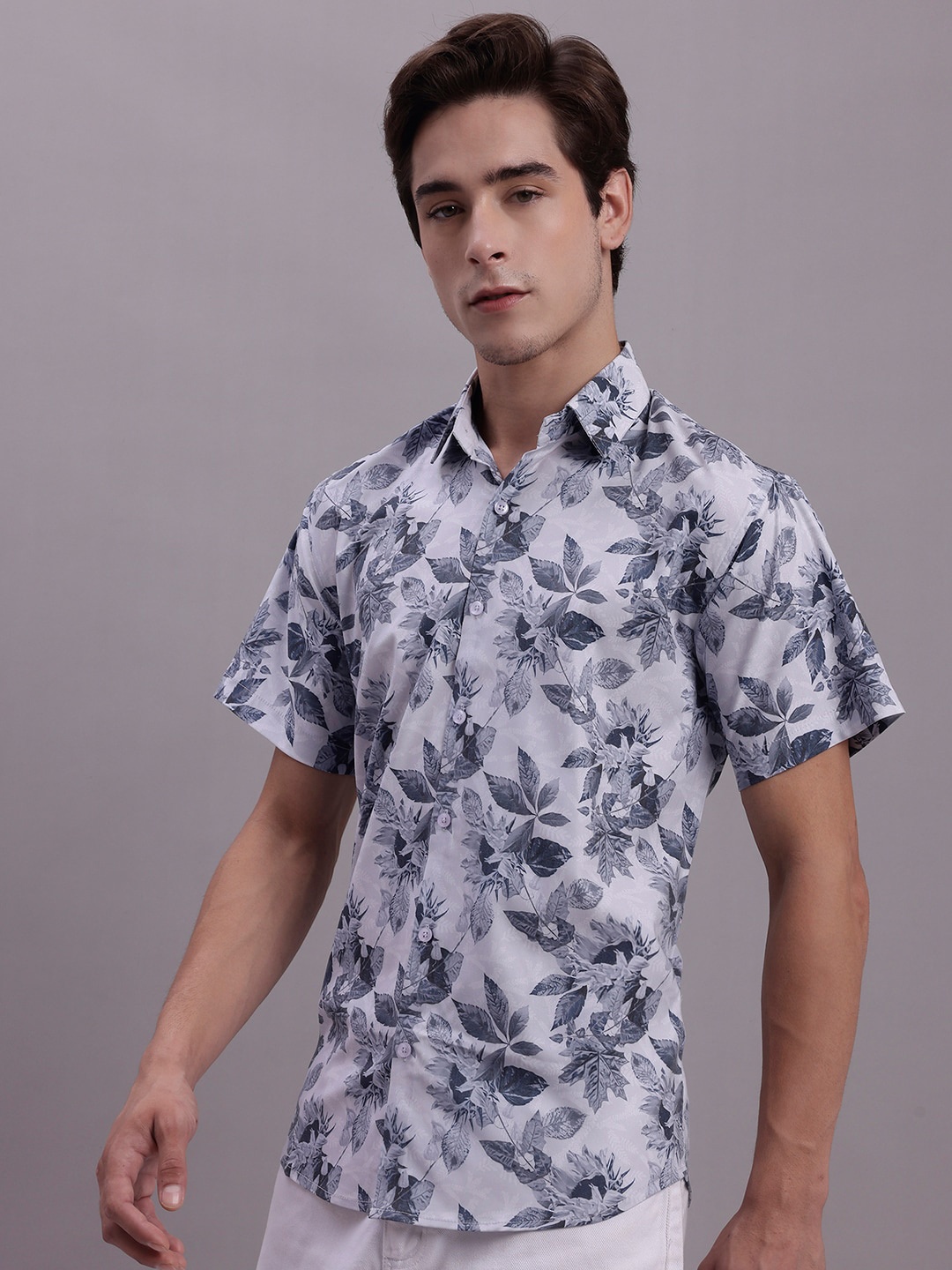 

JAINISH Classic Regular Fit Floral Printed Spread Collar Short Sleeve Casual Shirt, Grey