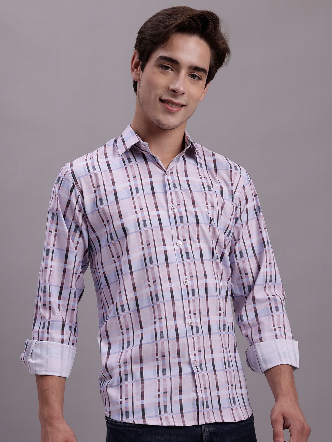 

JAINISH Classic Regular Fit Checked Printed Spread Collar Short Sleeve Casual Shirt, Lavender