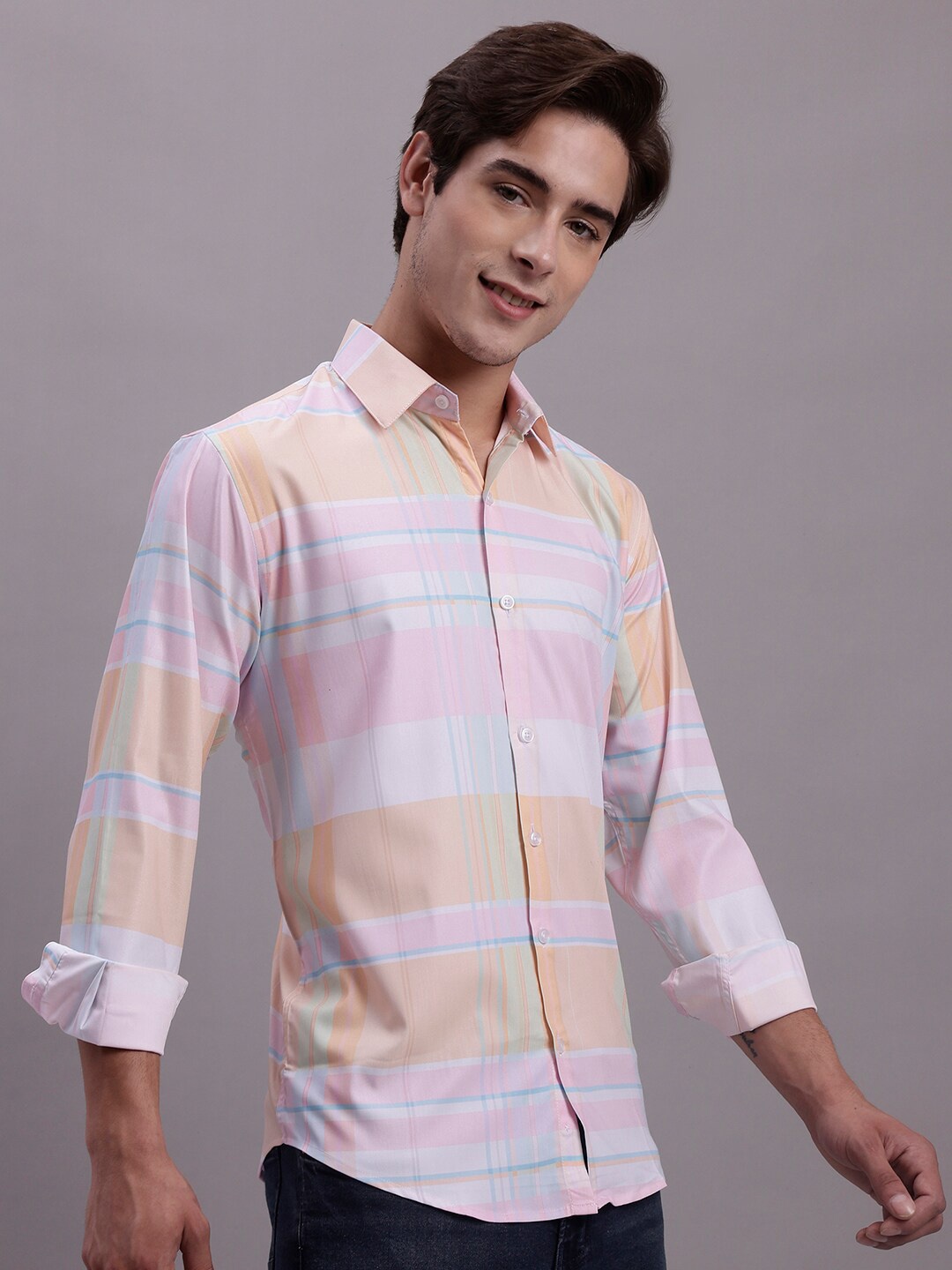 

JAINISH Classic Regular Fit Tartan Checks Printed Spread Collar Short Sleeve Casual Shirt, Pink