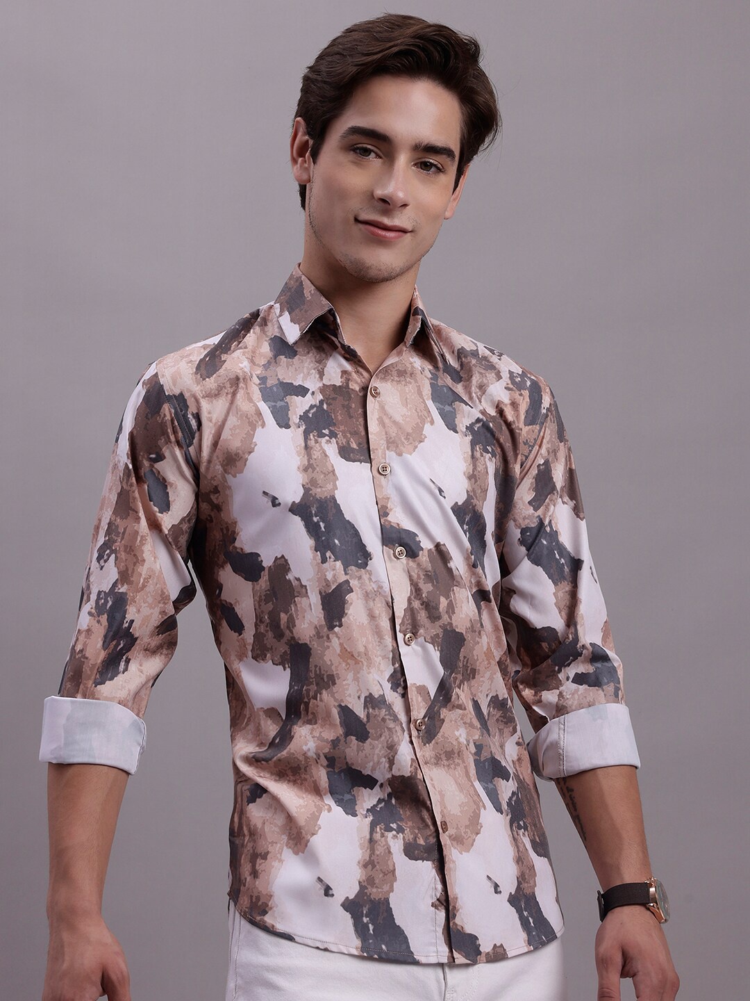 

JAINISH Classic Abstract Printed Cotton Casual Shirt, Brown
