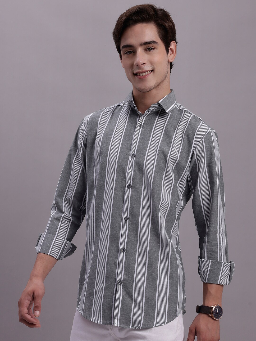 

JAINISH Classic Vertical Stripes Cotton Casual Shirt, Grey