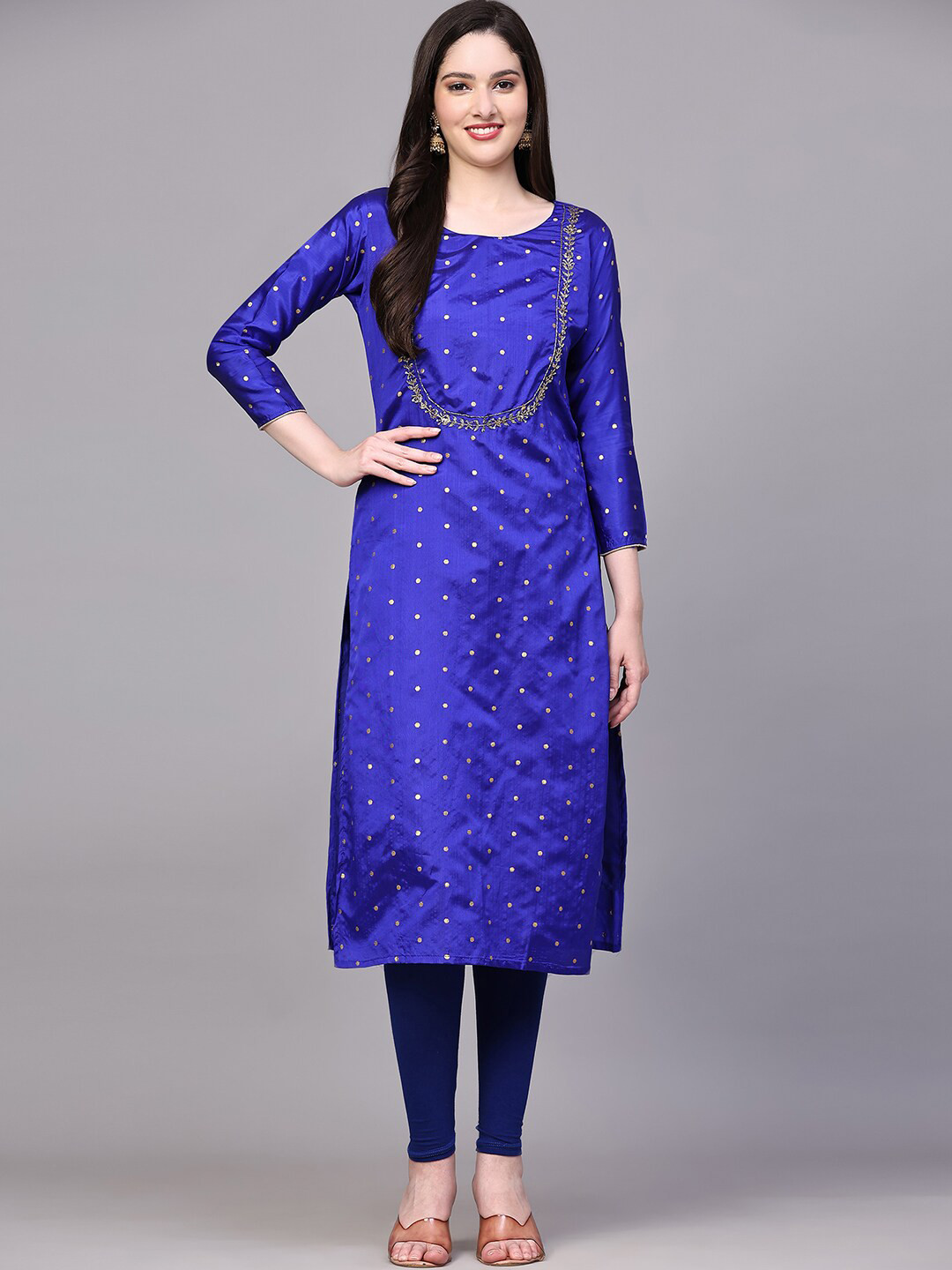 

KALINI Geometric Printed Beads and Stones Straight Kurta, Blue