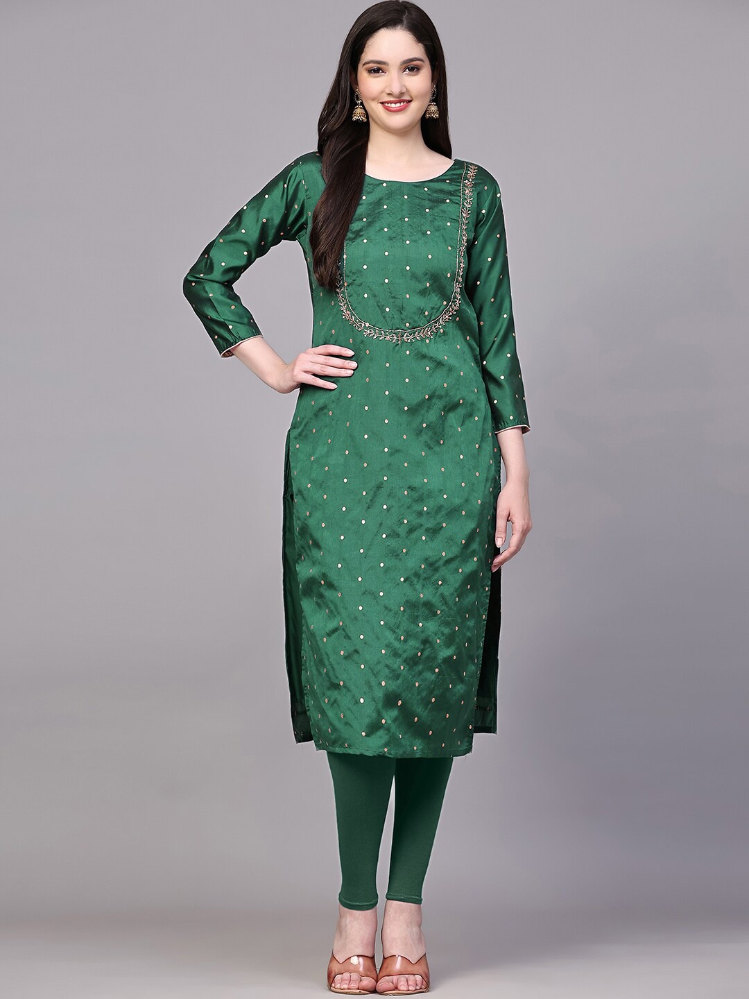 

KALINI Geometric Printed Beads and Stones Straight Kurta, Green