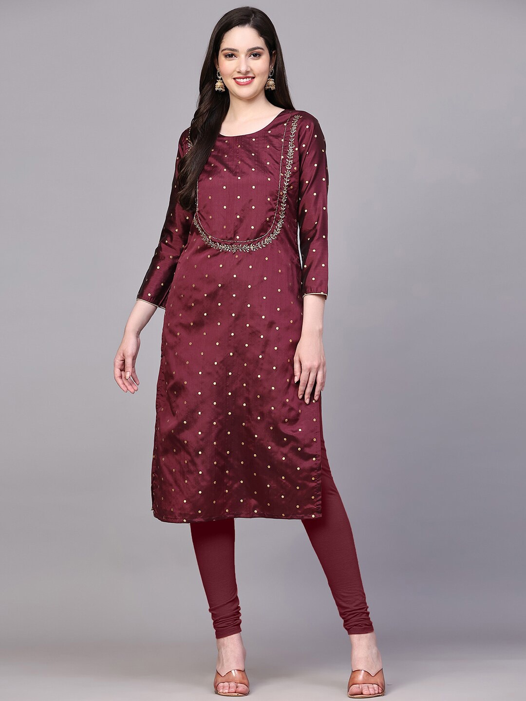 

KALINI Geometric Printed Beads and Stones Straight Kurta, Burgundy