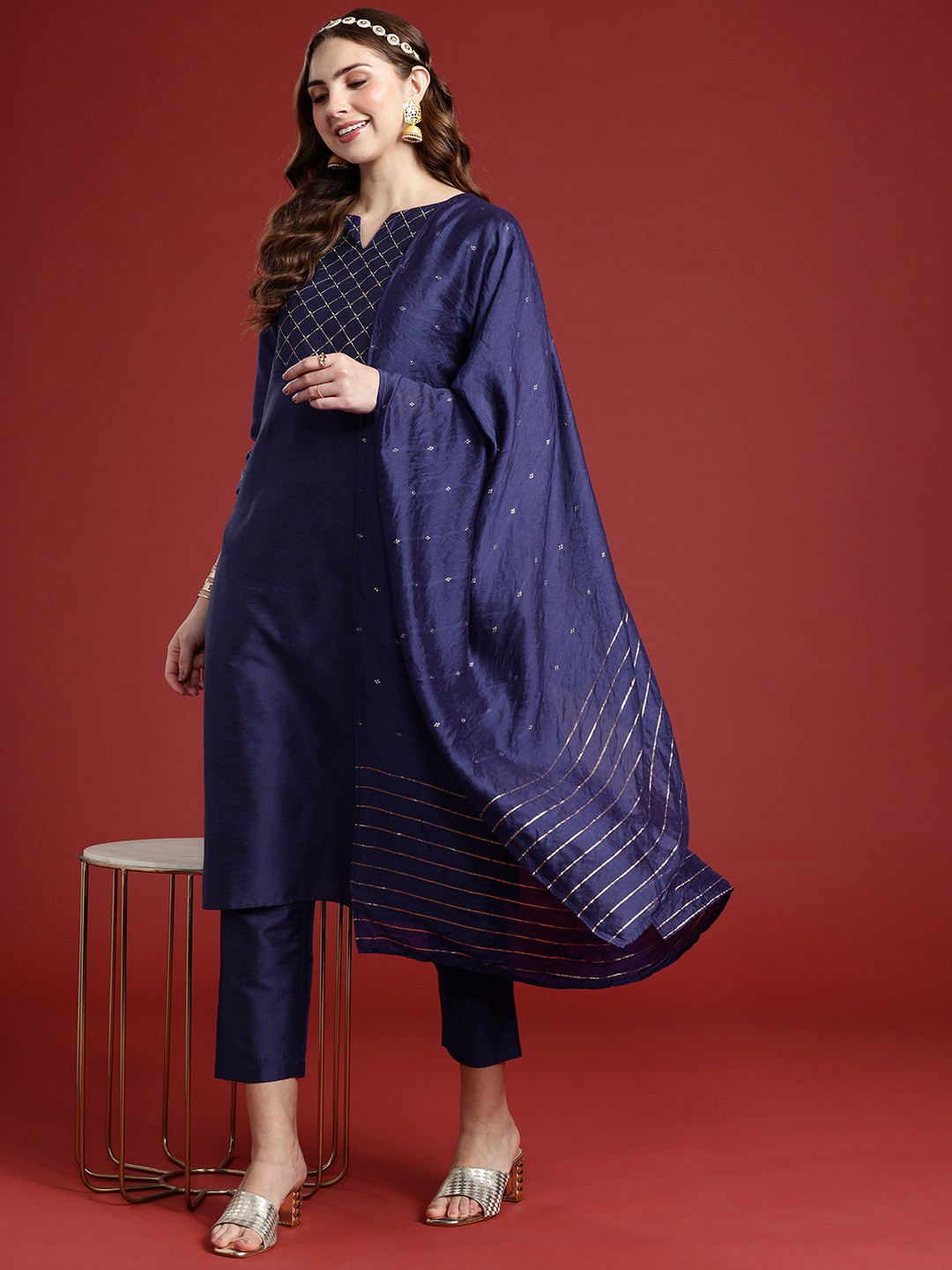 

Anouk Women Embroidered Regular Thread Work Kurta with Trousers & With Dupatta, Blue