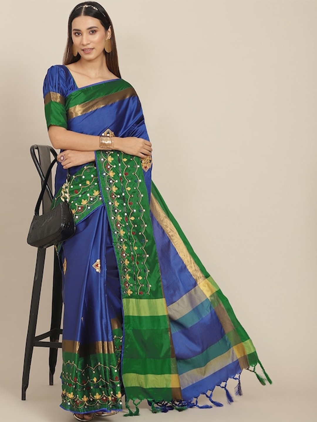 

Mitera Navy Blue & Green Ethnic Motifs Embroidered Silk Cotton Saree