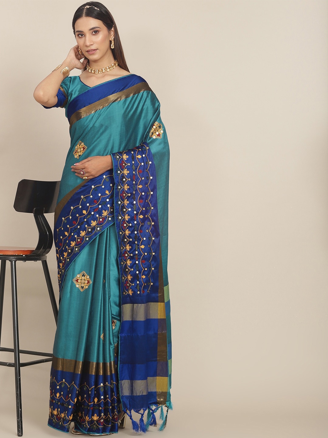 

Mitera Ethnic Motifs Embroidered Silk Cotton Saree, Turquoise blue