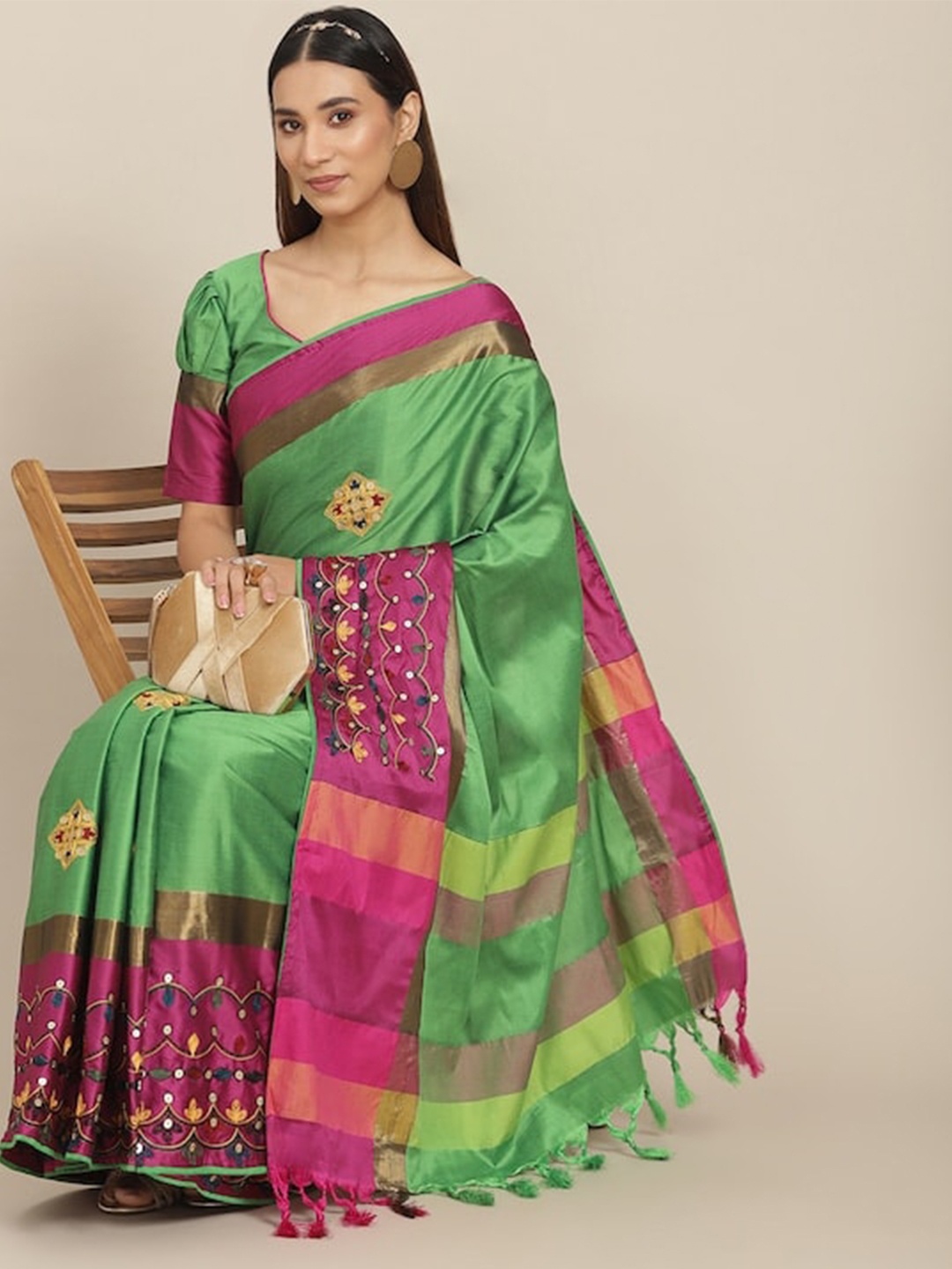 

Mitera Green & Pink Ethnic Motifs Embroidered Silk Cotton Saree