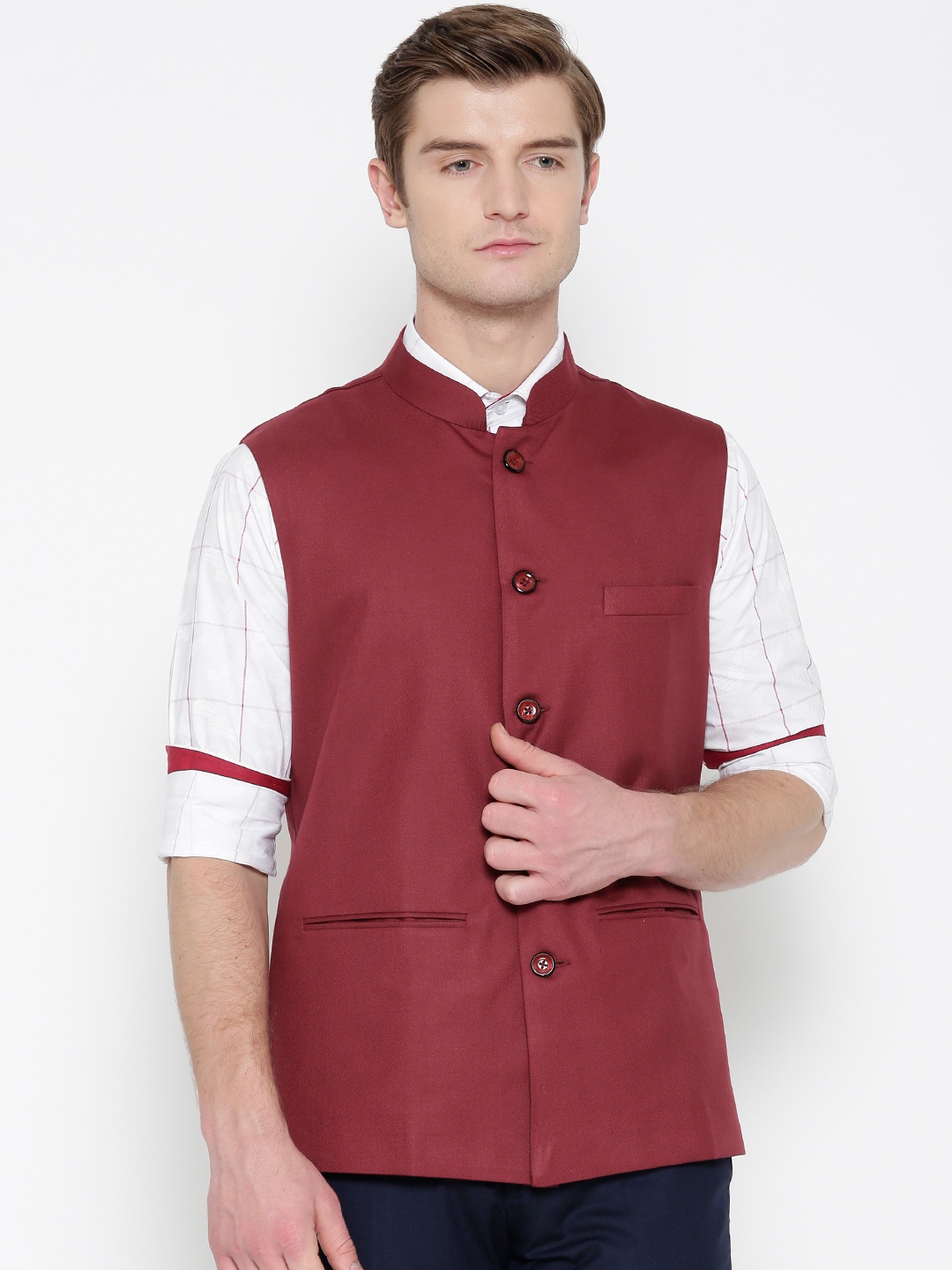 

Shaftesbury London Maroon Solid Nehru Jacket