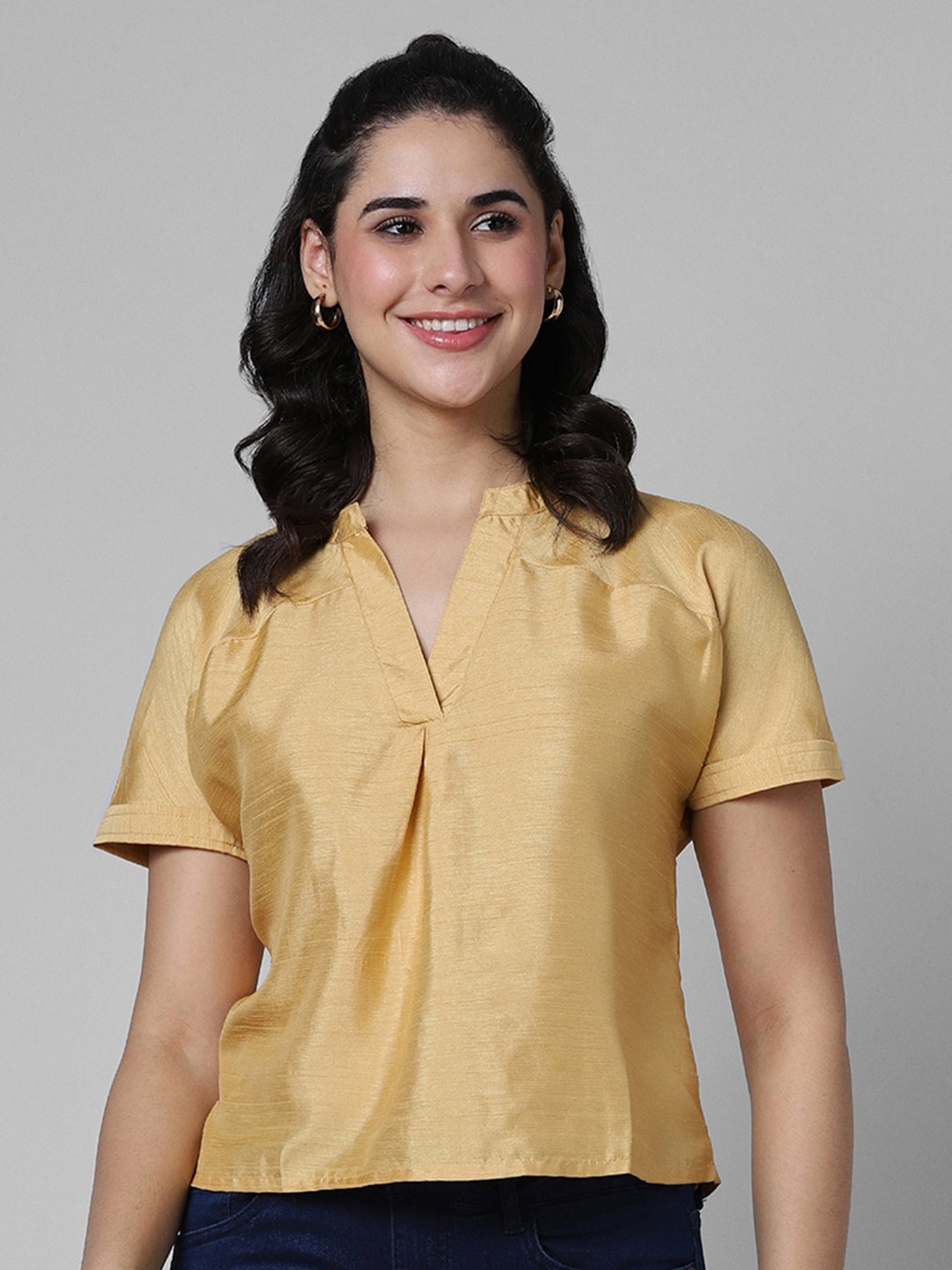 

Pantaloons Mandarin Collar Short Sleeve Regular Top, Mustard