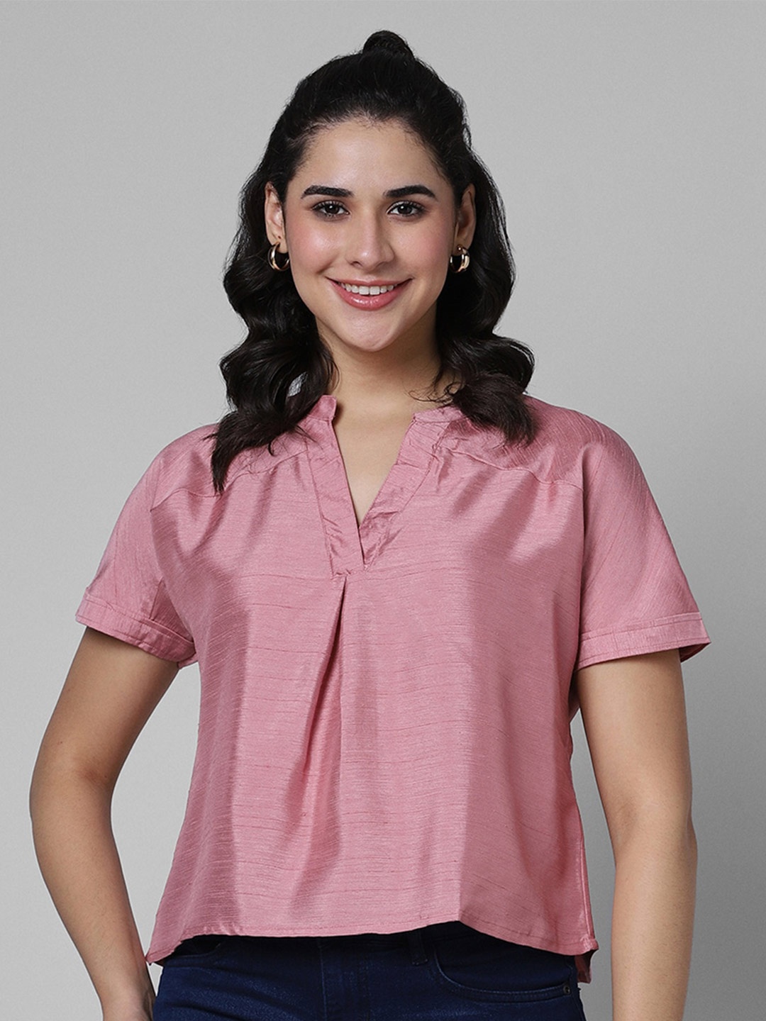 

Pantaloons Mandarin Collar Short Sleeve Regular Top, Pink