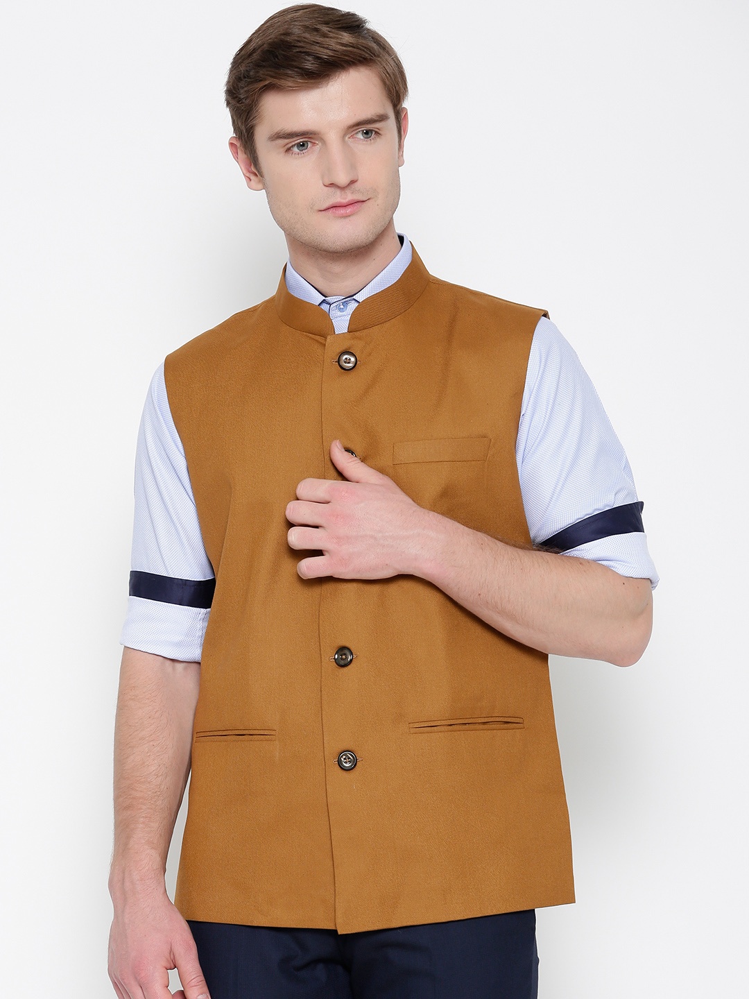 

Shaftesbury London Mustard Brown Solid Nehru Jacket