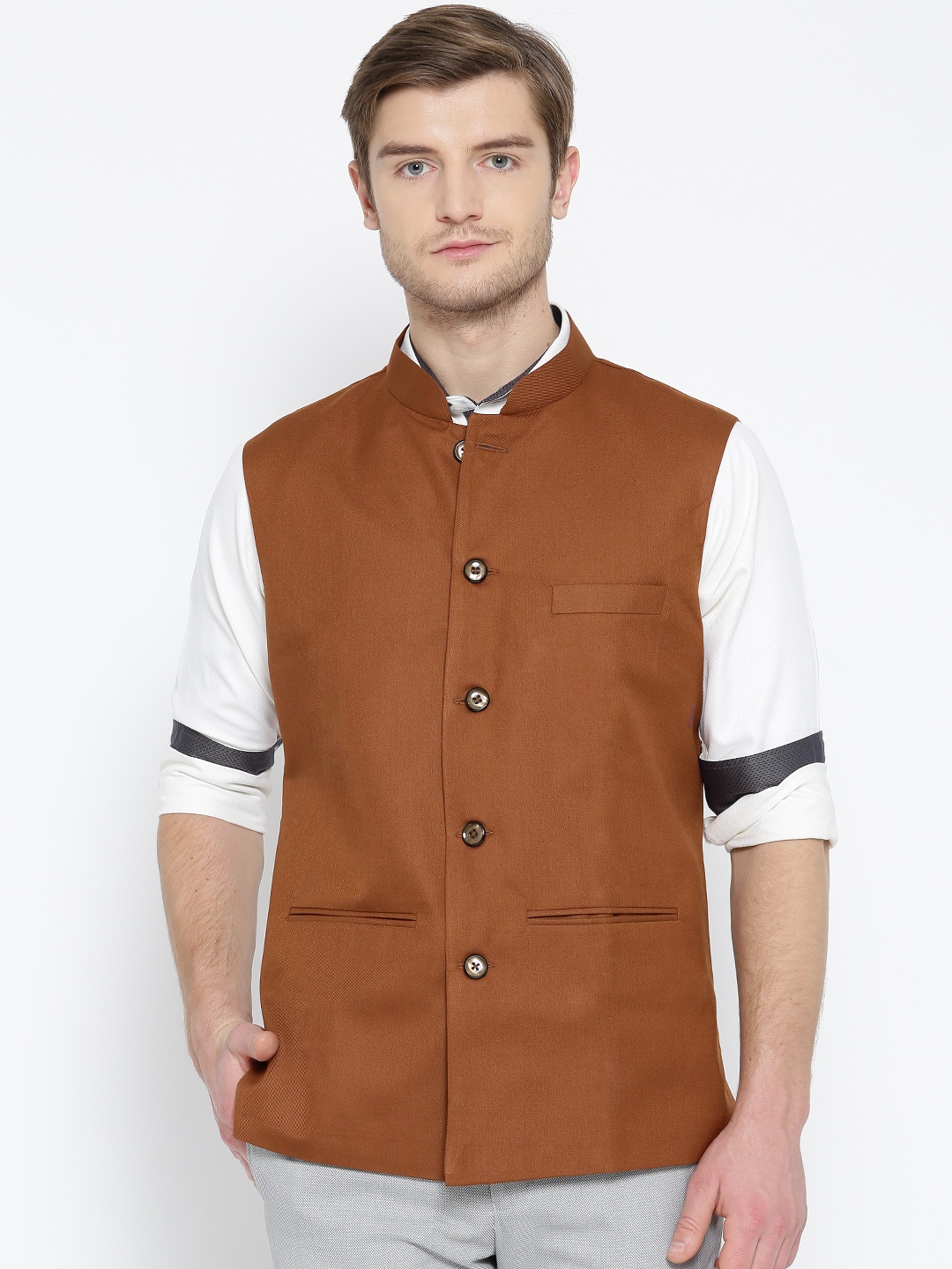 

Shaftesbury London Rust Brown Pure Cotton Nehru Jacket