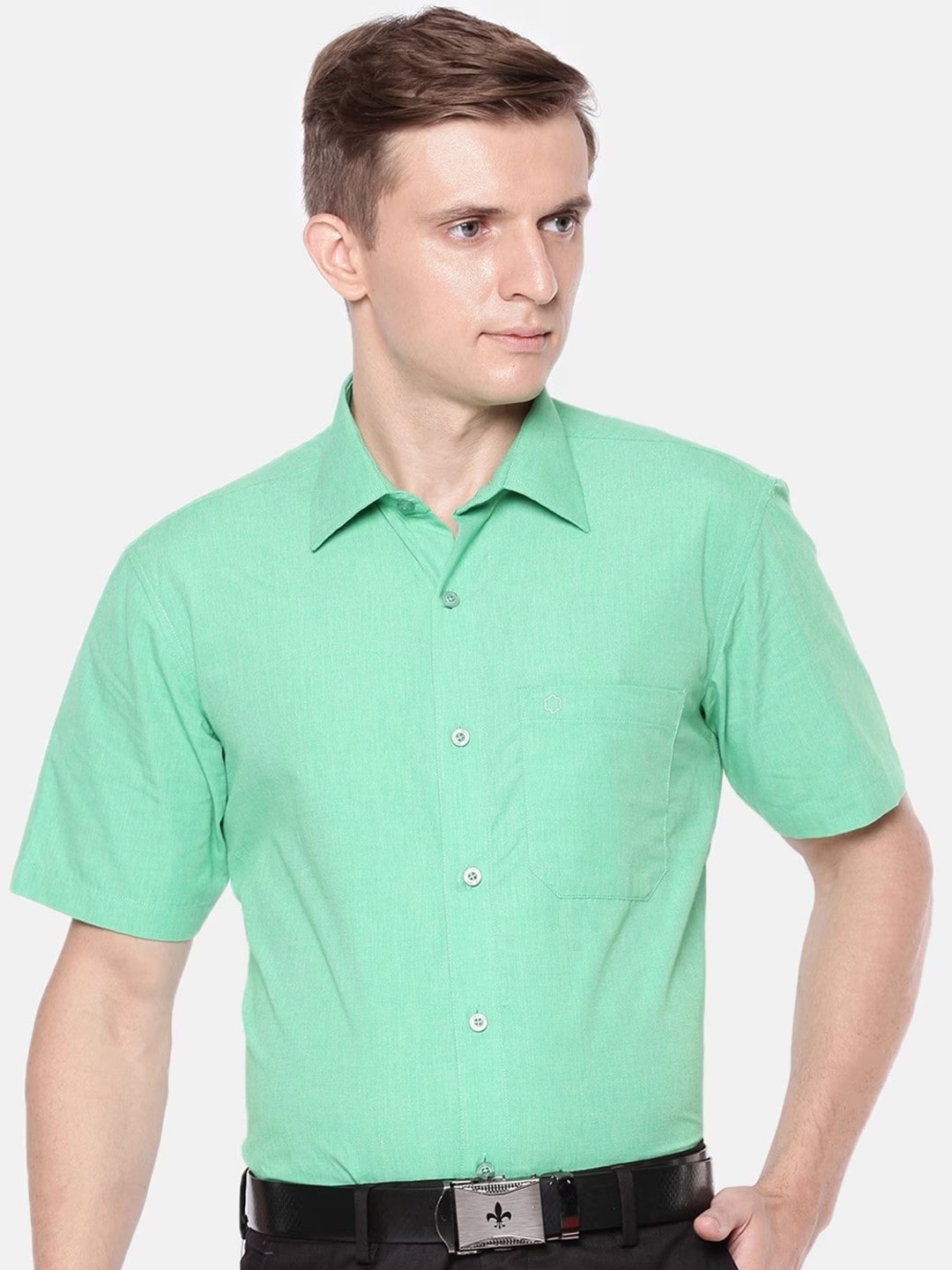 

Jansons Spread Collar Short Sleeves Cotton Formal Shirt, Green