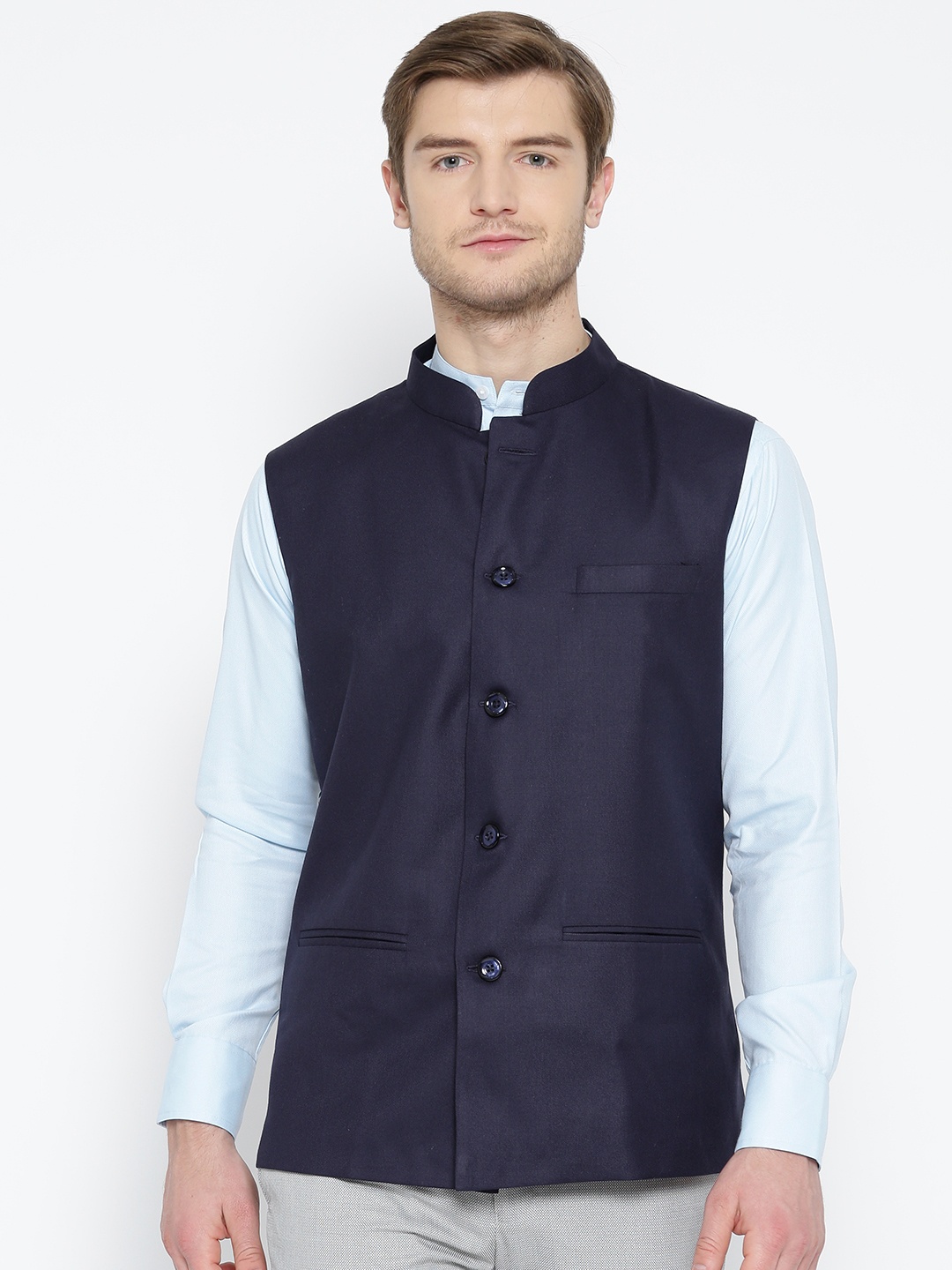 

Shaftesbury London Navy Pure Cotton Nehru Jacket, Navy blue