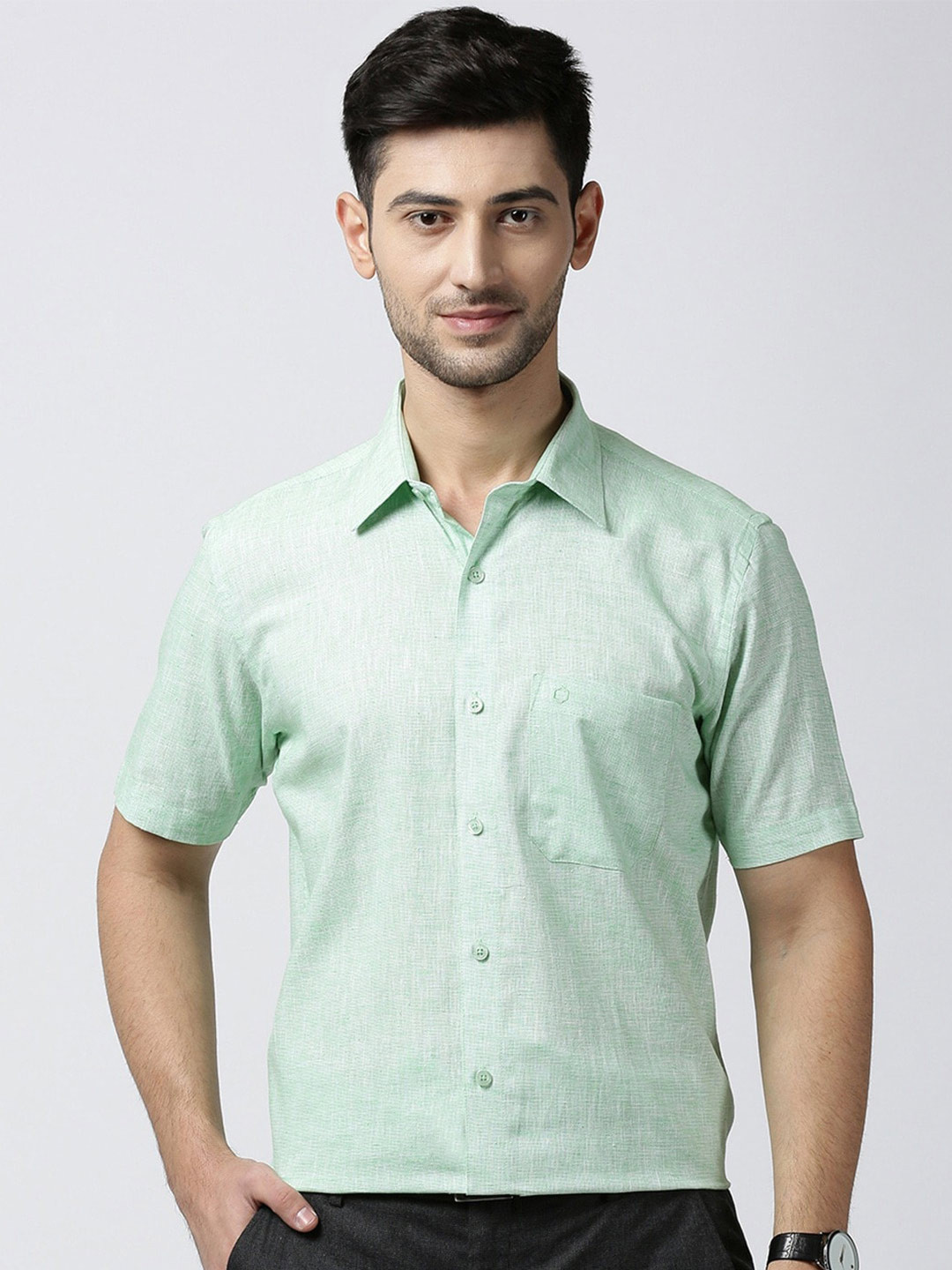 

Jansons Spread Collar Short Sleeves Cotton Formal Shirt, Green