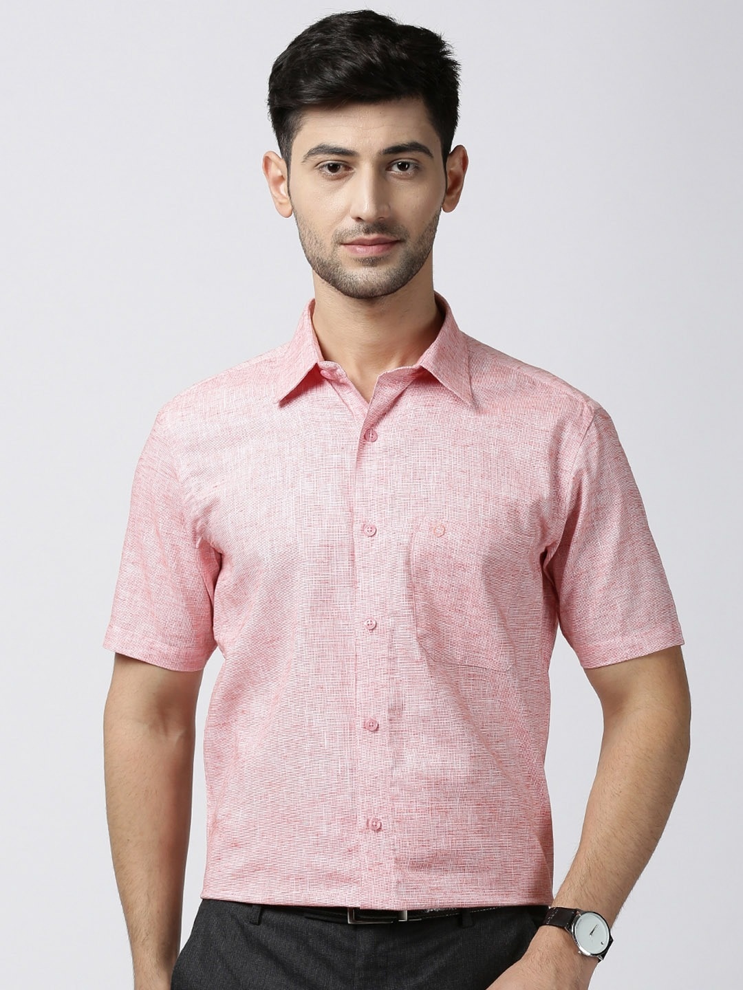 

Jansons Spread Collar Short Sleeves Cotton Formal Shirt, Pink