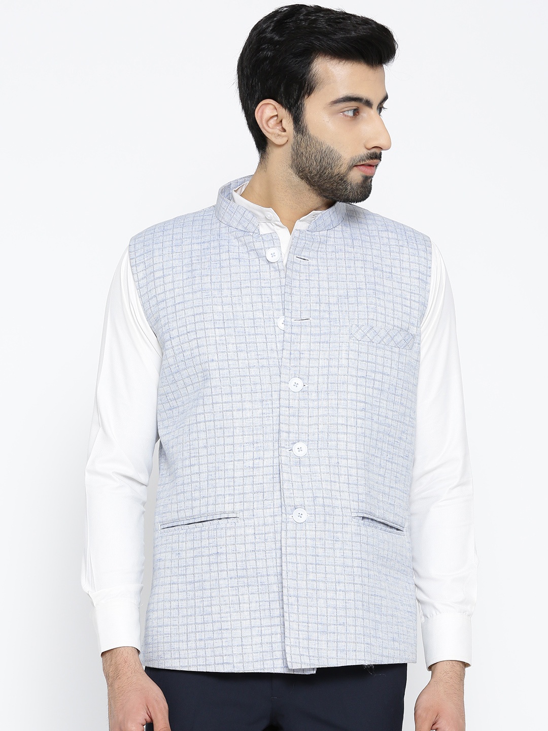 

Shaftesbury London Blue & White Checked Nehru Jacket